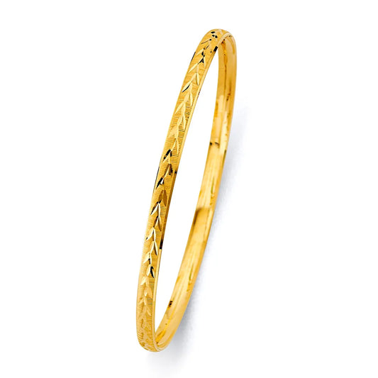 14K Yellow Gold Solid Diamond-Cut Leaf Design Women’s Bangle Size 7"