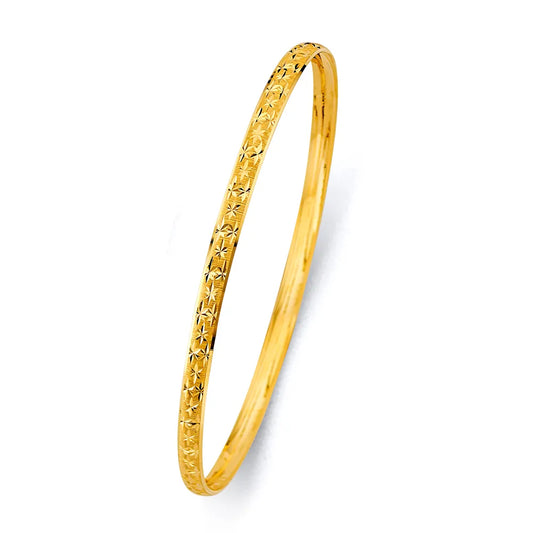 14K Yellow Gold Solid Diamond-Cut Starburst Design Women’s Bangle Size 7"