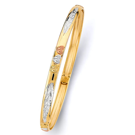 14K Tri-Color Gold Women’s Diamond-Cut Oval & Heart Design Hollow Bangle – Size 7”