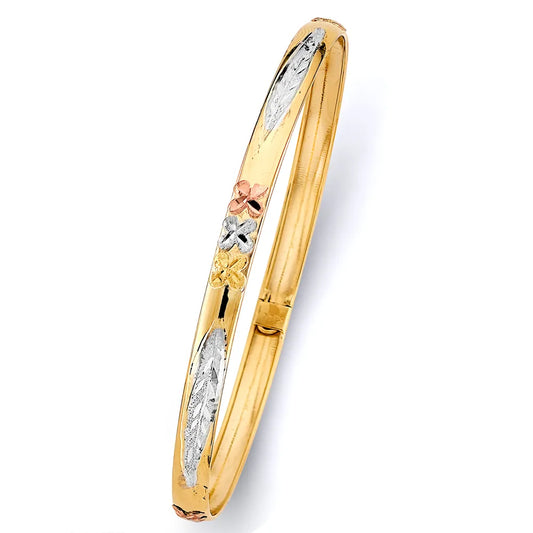 14K Tri-Color Gold Women’s Diamond-Cut Oval & Clover Design Hollow Bangle – Size 8”