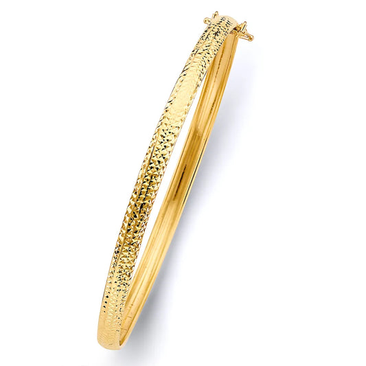 14K Yellow Gold Women’s Diamond-Cut Textured Hollow Bangle – Size 7.25”