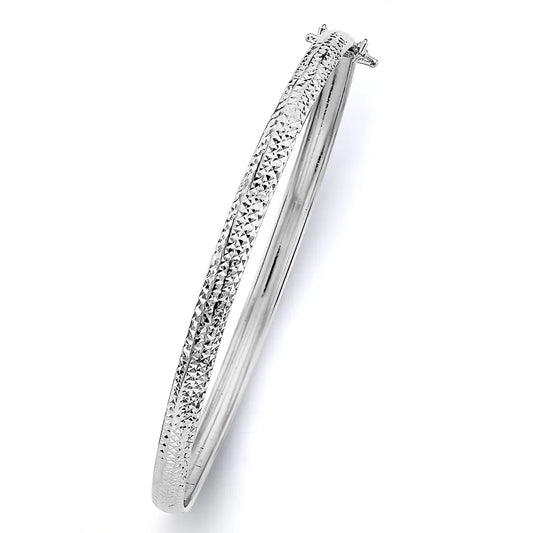 14K White Gold Women’s Diamond-Cut Textured Hollow Bangle – Size 7.25”