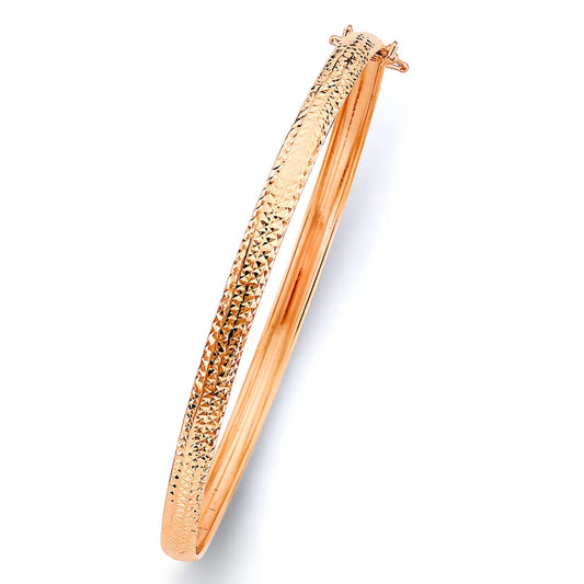 14K Rose Gold Women’s Diamond-Cut Textured Hollow Bangle – Size 7.25”