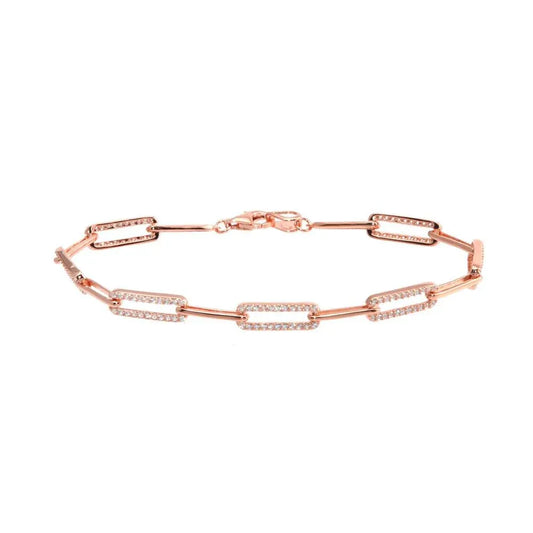 925 Sterling Silver Rose Gold Plated CZ Paperclip Bracelet 7.25