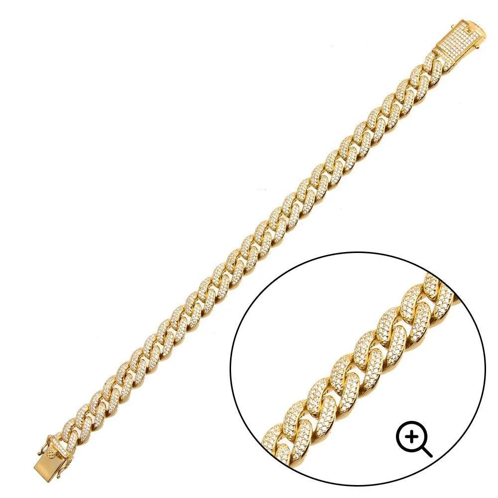 925 Sterling Silver Gold Plated CZ Encrusted Miami Cuban Link Bracelet 11.5mm