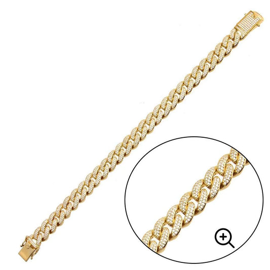 925 Sterling Silver Gold Plated CZ Encrusted Miami Cuban Link Bracelet 11.5mm