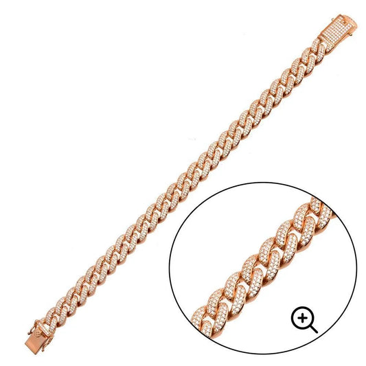 925 Sterling Silver Rose Gold Plated CZ Encrusted Miami Cuban Link Bracelet 11.5mm