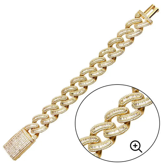 925 Sterling Silver Gold Plated CZ Encrusted Miami Cuban Link Bracelet 19.5mm