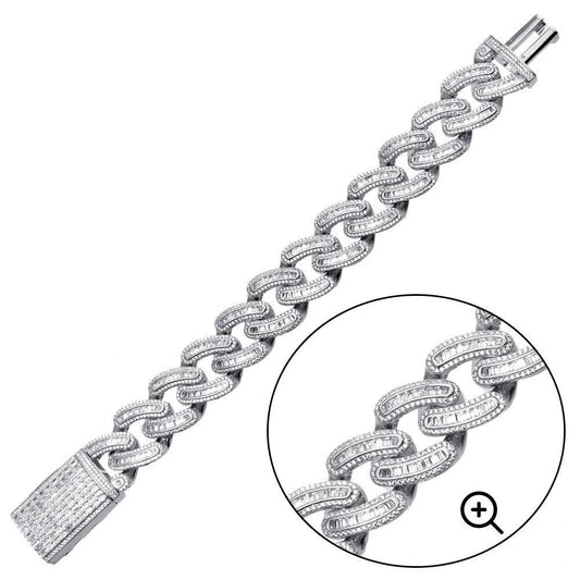 925 Sterling Silver Rhodium Plated CZ Encrusted Miami Cuban Link Bracelet 19.5mm