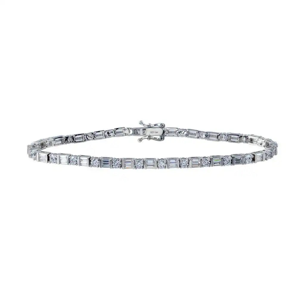 925 Sterling Silver Rhodium Plated 3.3mm Round and Square CZ Tennis Bracelet