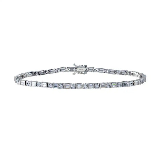 925 Sterling Silver Rhodium Plated 3.3mm Round and Square CZ Tennis Bracelet