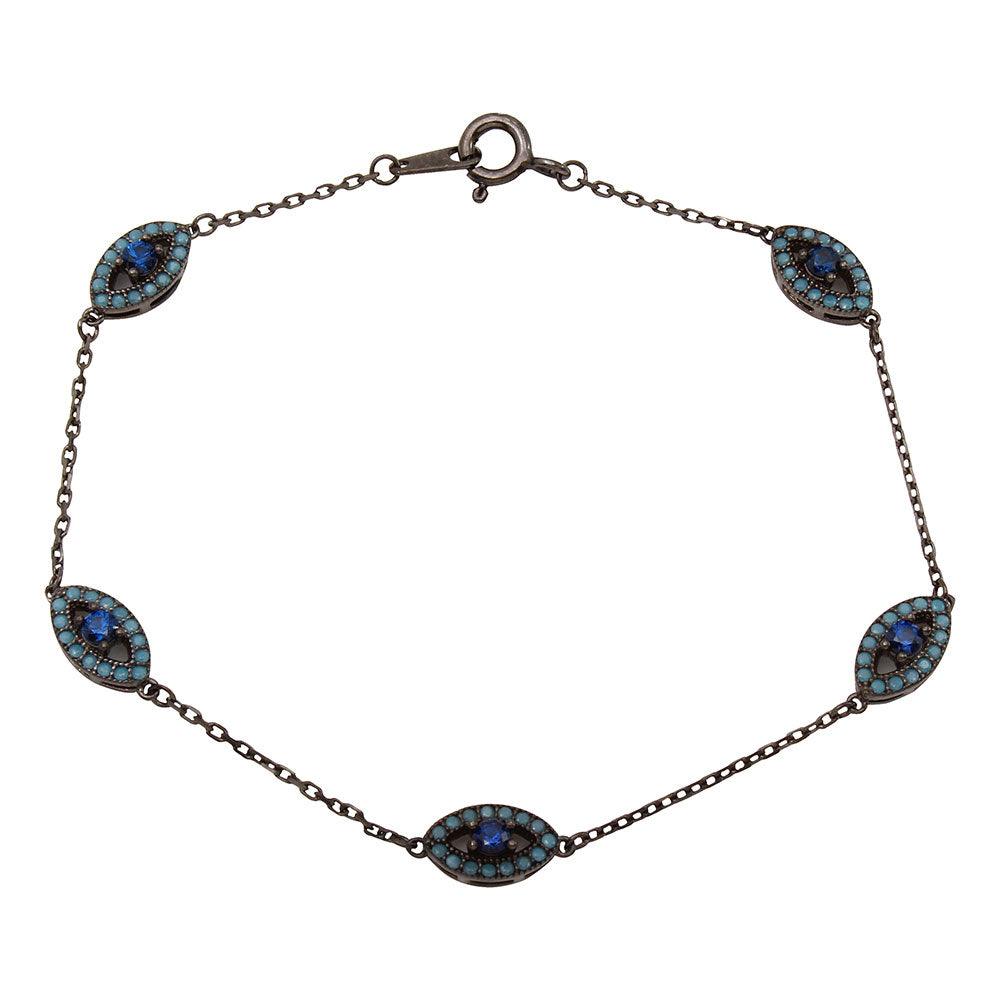 925 Sterling Silver Black Rhodium Multiple Evil Eye Bracelet
