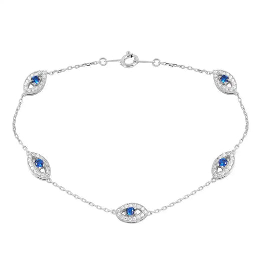 925 Sterling Silver Rhodium Plated Small Round Evil Eye Chain Bracelet