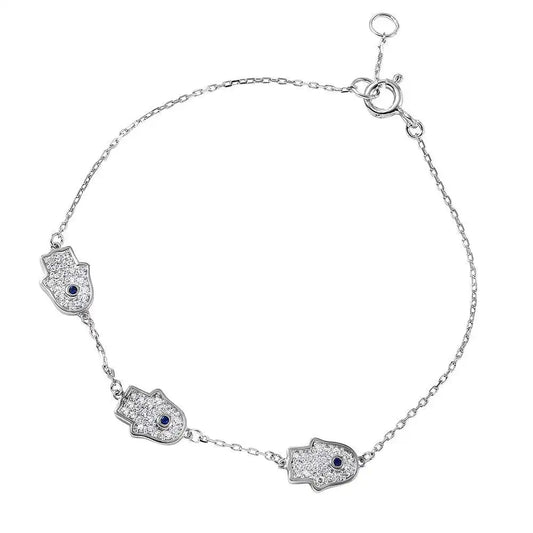 925 Sterling Silver Rhodium Plated Hamsa Hand CZ Bracelet