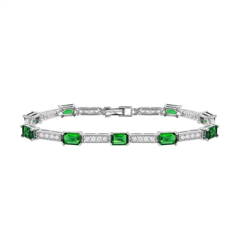 925 Sterling Silver Rhodium Plated Multi Square Clear and Green CZ Tennis Bracelet