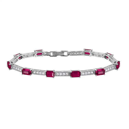 925 Sterling Silver Rhodium Plated Multi Square Clear and Ruby CZ Tennis Bracelet