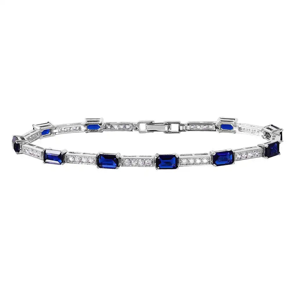 925 Sterling Silver Rhodium Plated Multi Square Clear and Blue CZ Tennis Bracelet