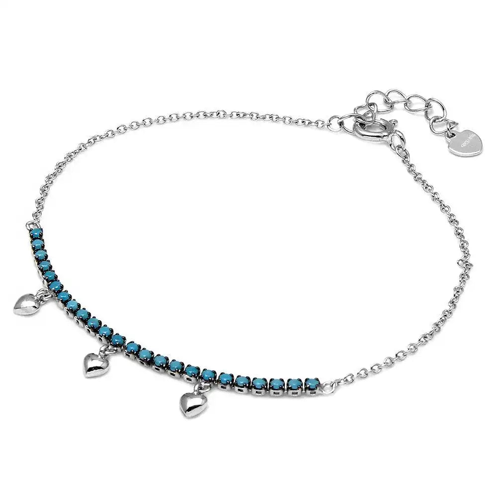 925 Sterling Silver Rhodium Plated Turquoise Stones with Hanging Hearts Bracelet