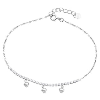 925 Sterling Silver Rhodium Plated CZ Bar with Hanging Hearts