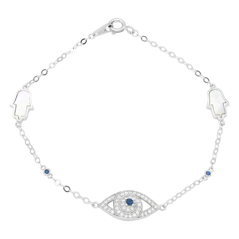 925 Sterling Silver Rhodium Plated CZ Evil Eye and Mother of Pearl Hamsa Bracelet