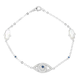 925 Sterling Silver Rhodium Plated CZ Evil Eye and Mother of Pearl Hamsa Bracelet