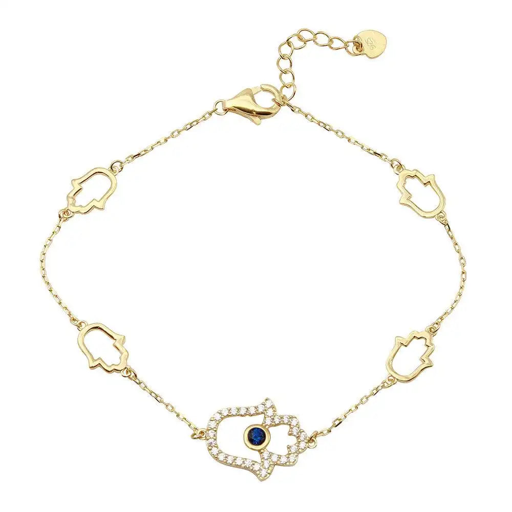 925 Sterling Silver Gold Plated Multiple Hamsa CZ Bracelet