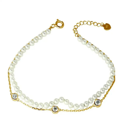 925 Sterling Silver Gold Plated Double Strand Synthetic Pearl with CZ