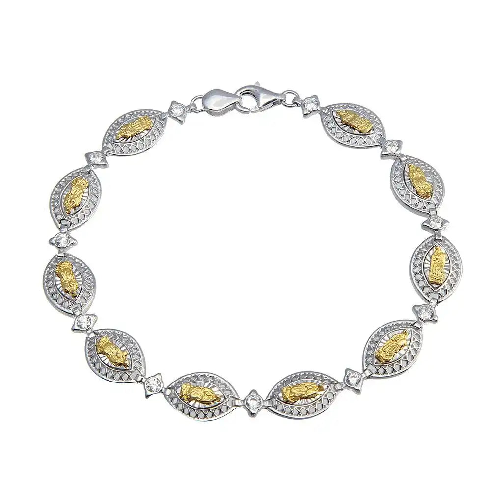 925 Sterling Silver 2 Toned 8mm Oval Mary Link Tennis Bracelet