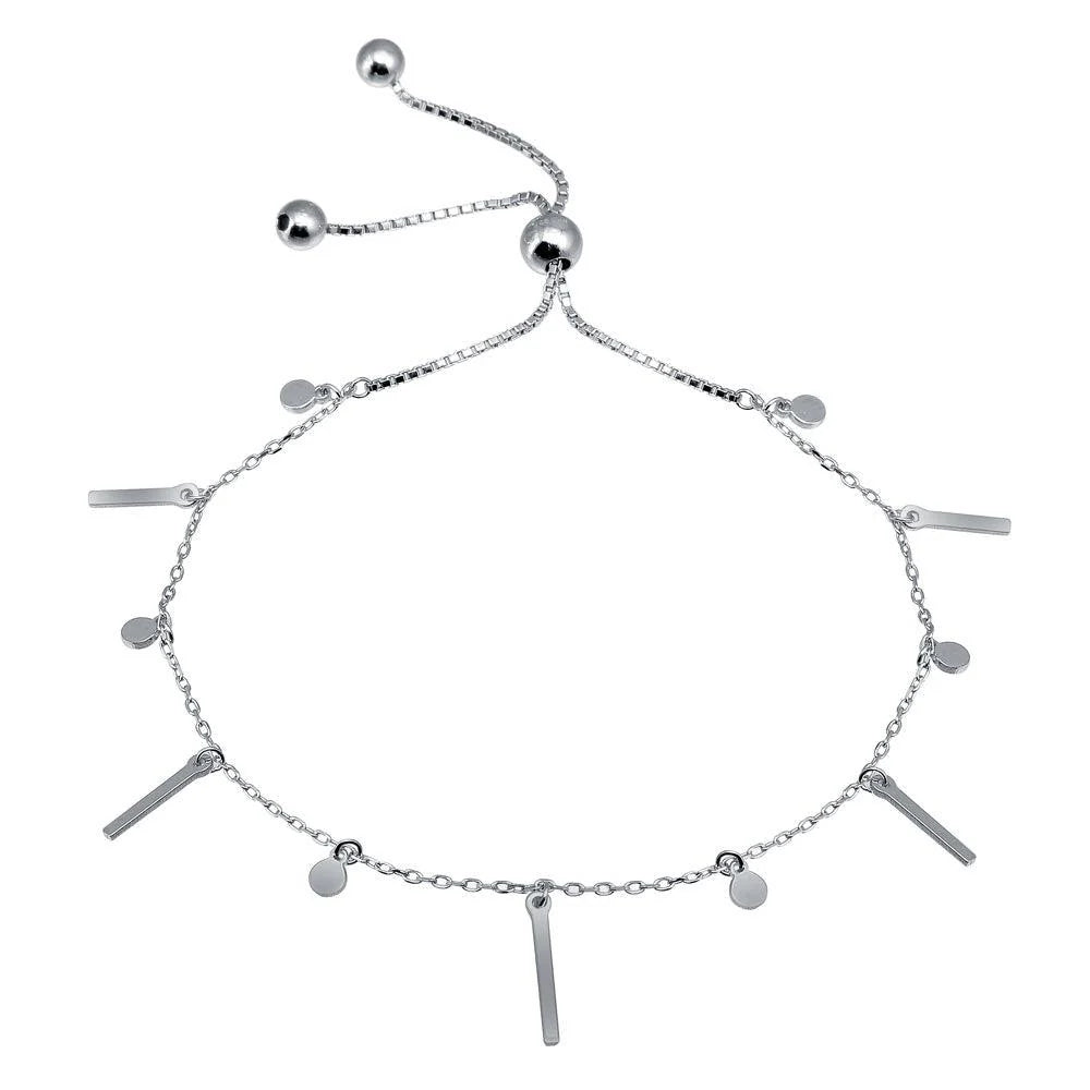 925 Sterling Silver Rhodium Plated Layered Dangling Bar and Disc Chain Lariat Bracelet
