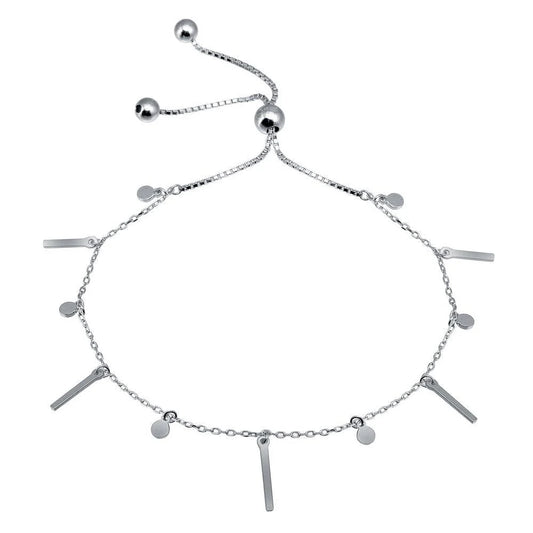 925 Sterling Silver Rhodium Plated Layered Dangling Bar and Disc Chain Lariat Bracelet