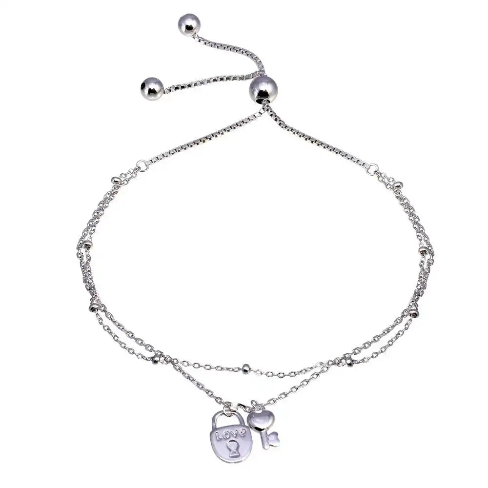 925 Sterling Silver Plated Layered Lock and Key Chain Lariat Bracelet