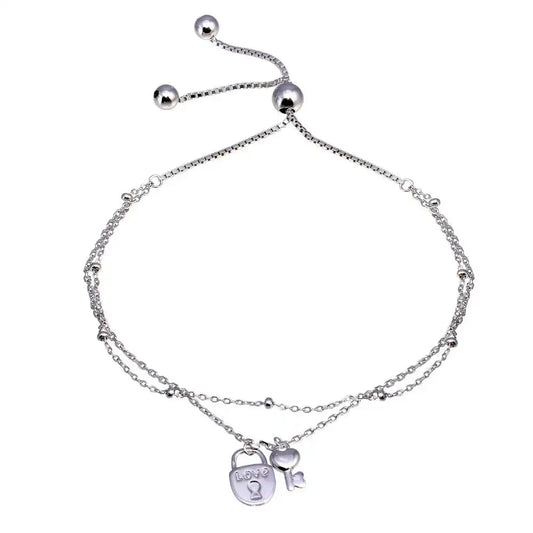 925 Sterling Silver Plated Layered Lock and Key Chain Lariat Bracelet