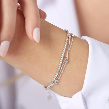 925 Sterling Silver Rhodium Plated Layered Bead Chain Adjustable Bracelet