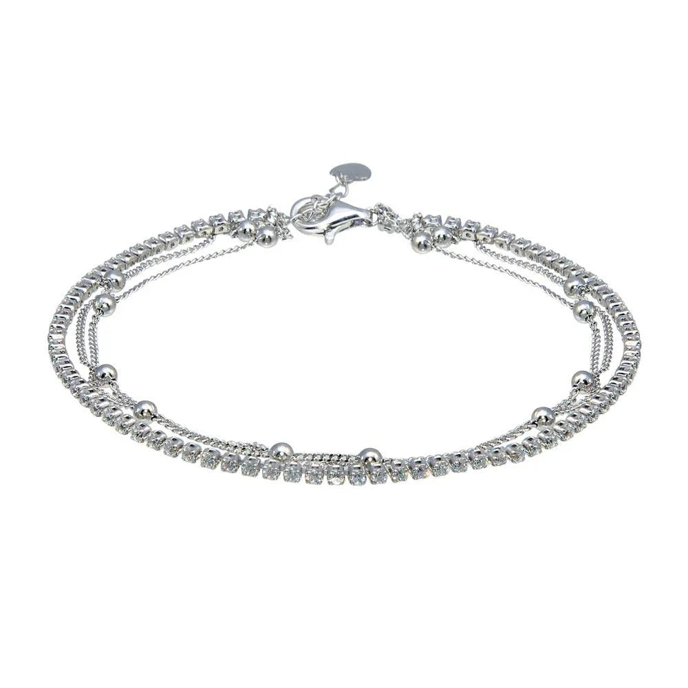 925 Sterling Silver Rhodium Plated Layered Bead Chain Adjustable Bracelet