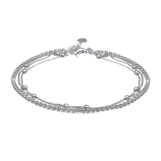 925 Sterling Silver Rhodium Plated Layered Bead Chain Adjustable Bracelet