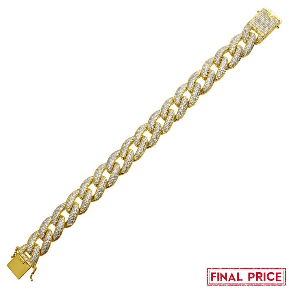 925 Sterling Silver Gold Plated CZ Encrusted Miami Cuban Link Bracelet 16.0mm