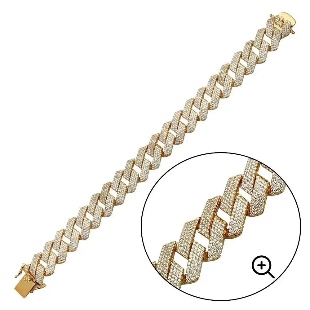 925 Sterling Silver Gold Plated CZ Encrusted Square Miami Cuban Link Bracelet 17.0mm