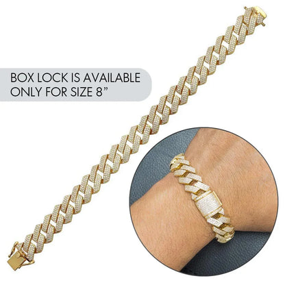 925 Sterling Silver Gold Plated CZ Encrusted Square Miami Cuban Link Bracelet 15mm