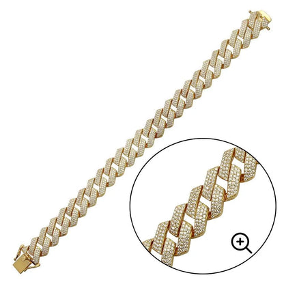 925 Sterling Silver Gold Plated CZ Encrusted Square Miami Cuban Link Bracelet 15mm