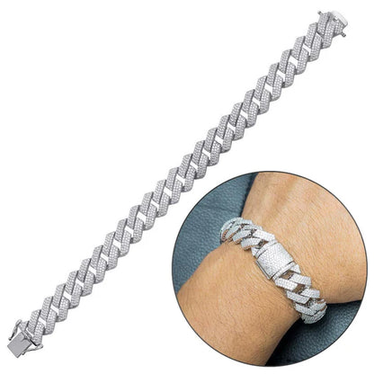 925 Sterling Silver Rhodium Plated CZ Encrusted Miami Cuban Link 15mm Chain or Bracelet