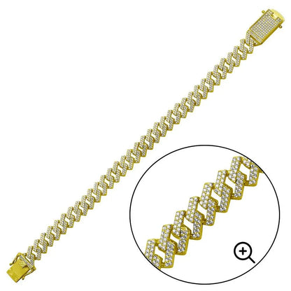 925 Sterling Silver Gold Plated CZ Encrusted Square Miami Cuban Link Bracelet 11.0mm