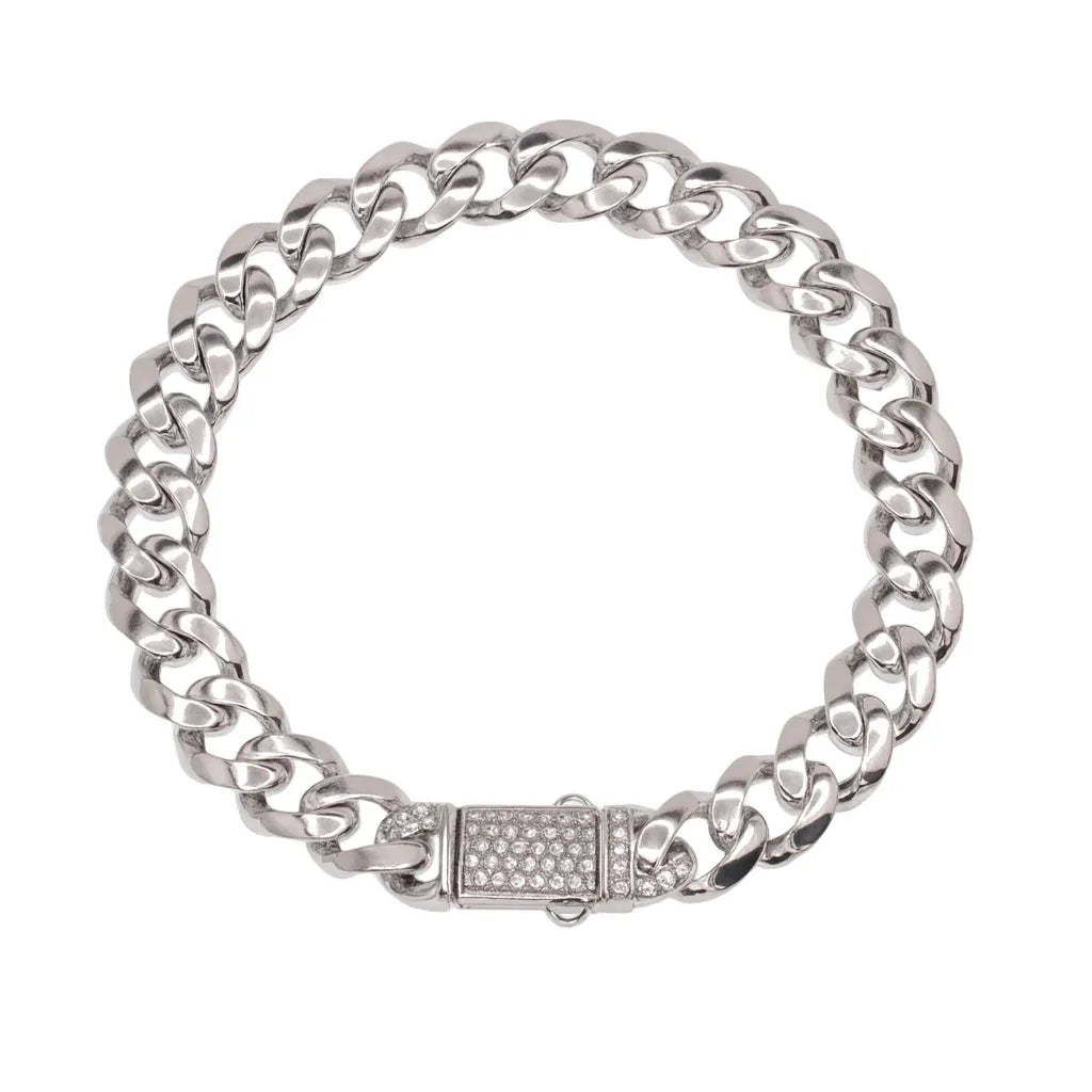 925 Sterling Silver Rhodium Plated Hollow Miami Cuban Link Clear CZ Bracelet 9.6mm
