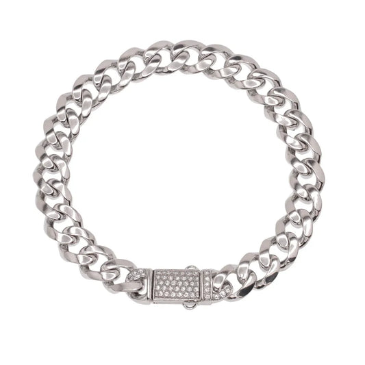 925 Sterling Silver Rhodium Plated Hollow Miami Cuban Link Clear CZ Bracelet 9.6mm