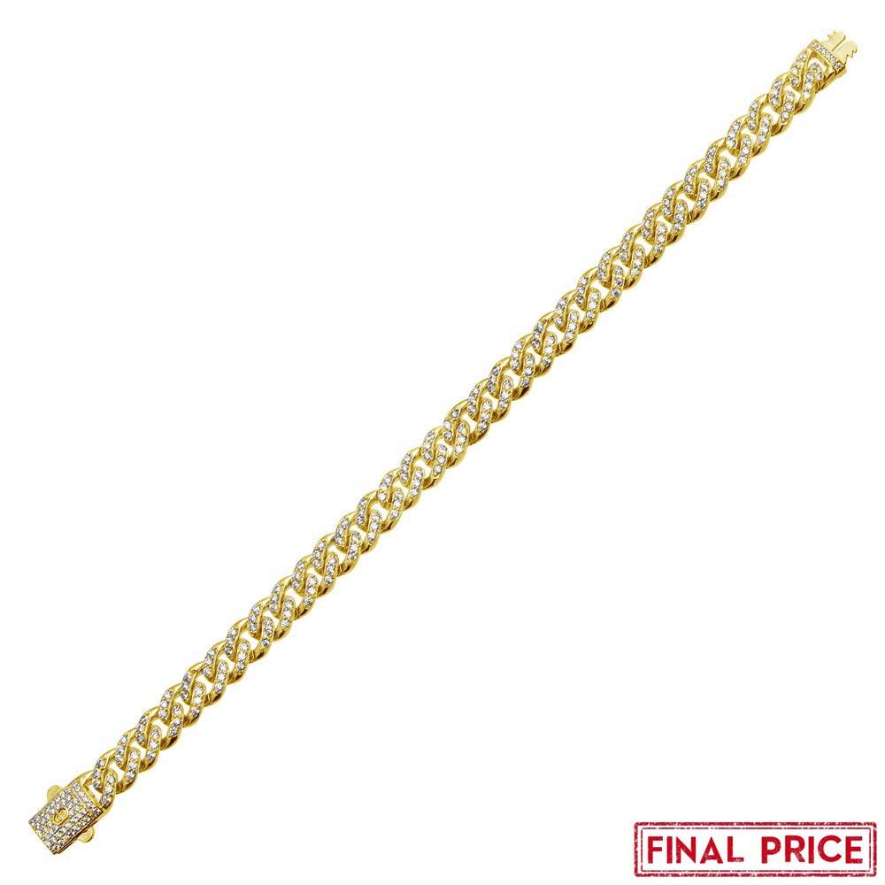 925 Sterling Silver Gold Plated CZ Encrusted Miami Cuban Link Bracelet 9.5mm