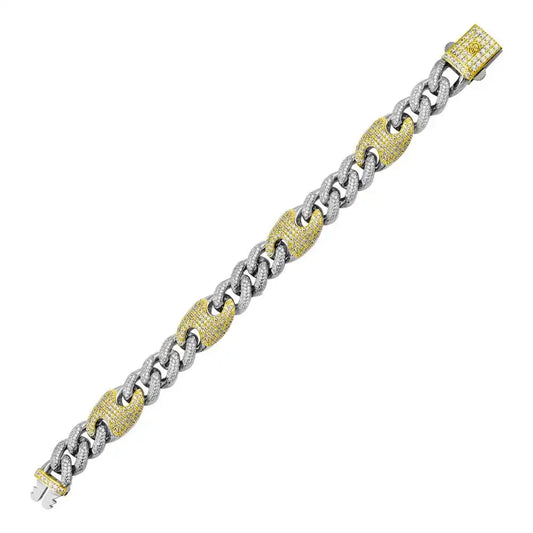 925 Sterling Silver Rhodium Plated CZ Encrusted Cuban Mariner Link Bracelet 13mm