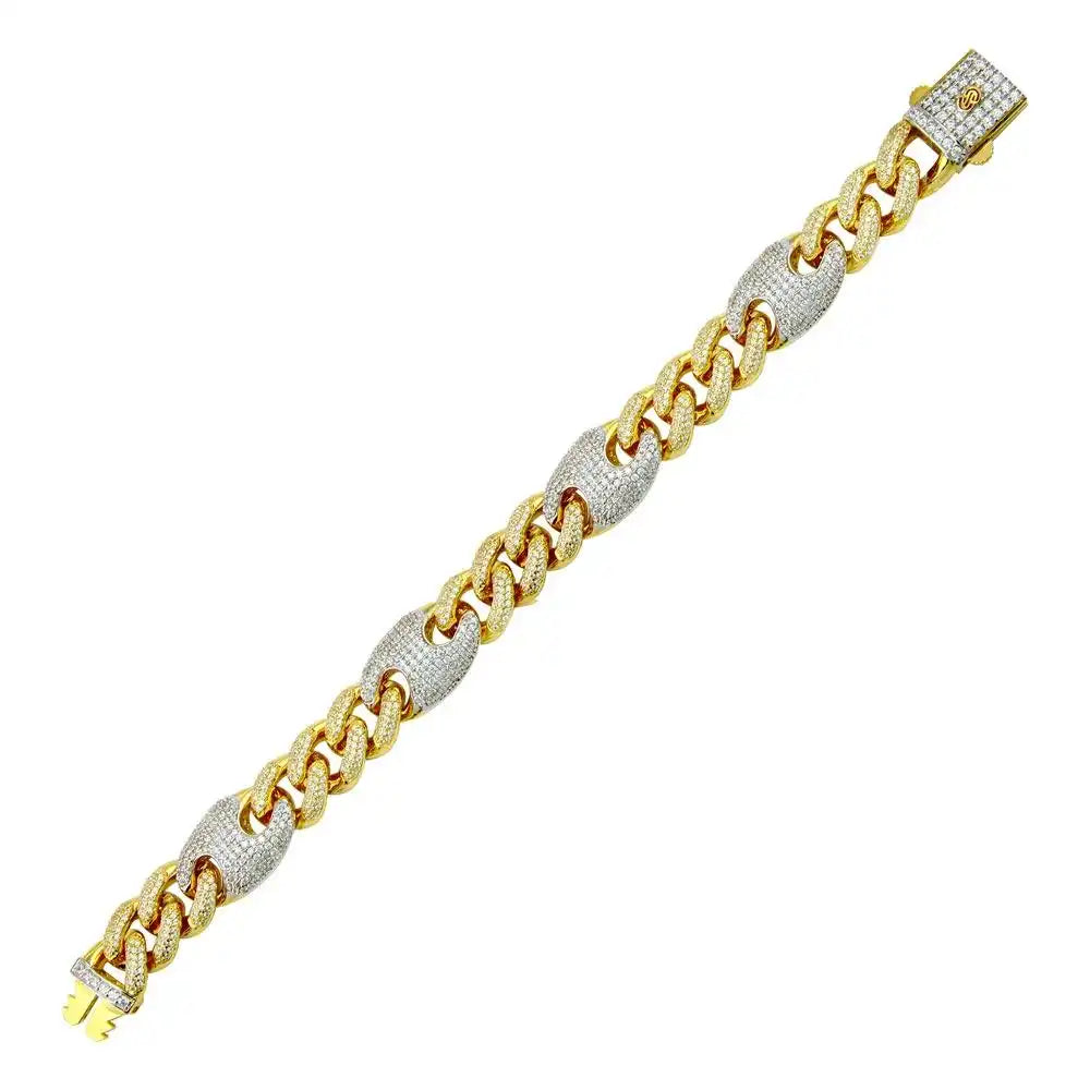 925 Sterling Silver Gold Plated CZ Encrusted Cuban Mariner Link Bracelet 13mm