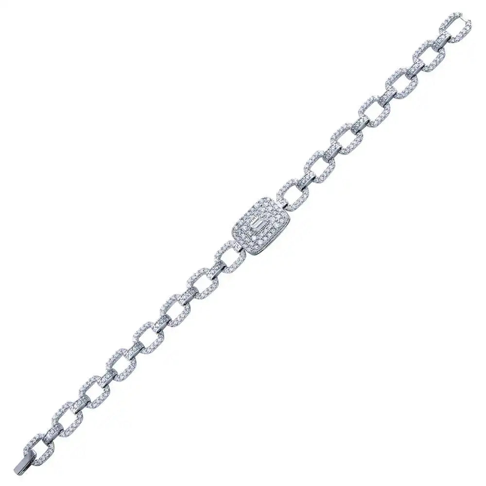 925 Sterling Silver Rhodium Plated Square Link CZ and Baguette Bracelet