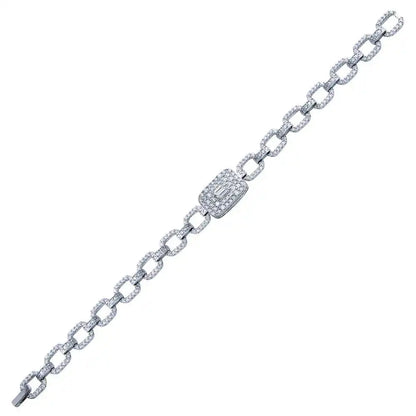 925 Sterling Silver Rhodium Plated Square Link CZ and Baguette Bracelet
