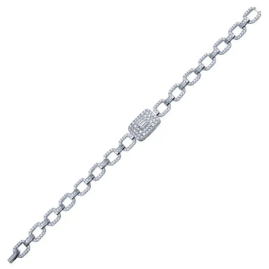 925 Sterling Silver Rhodium Plated Square Link CZ and Baguette Bracelet