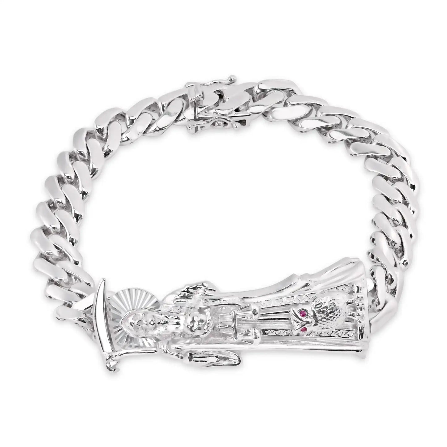 925 Sterling Silver Rhodium Plated Santa Muerte Angel of Death 9mm Cuban Bracelet